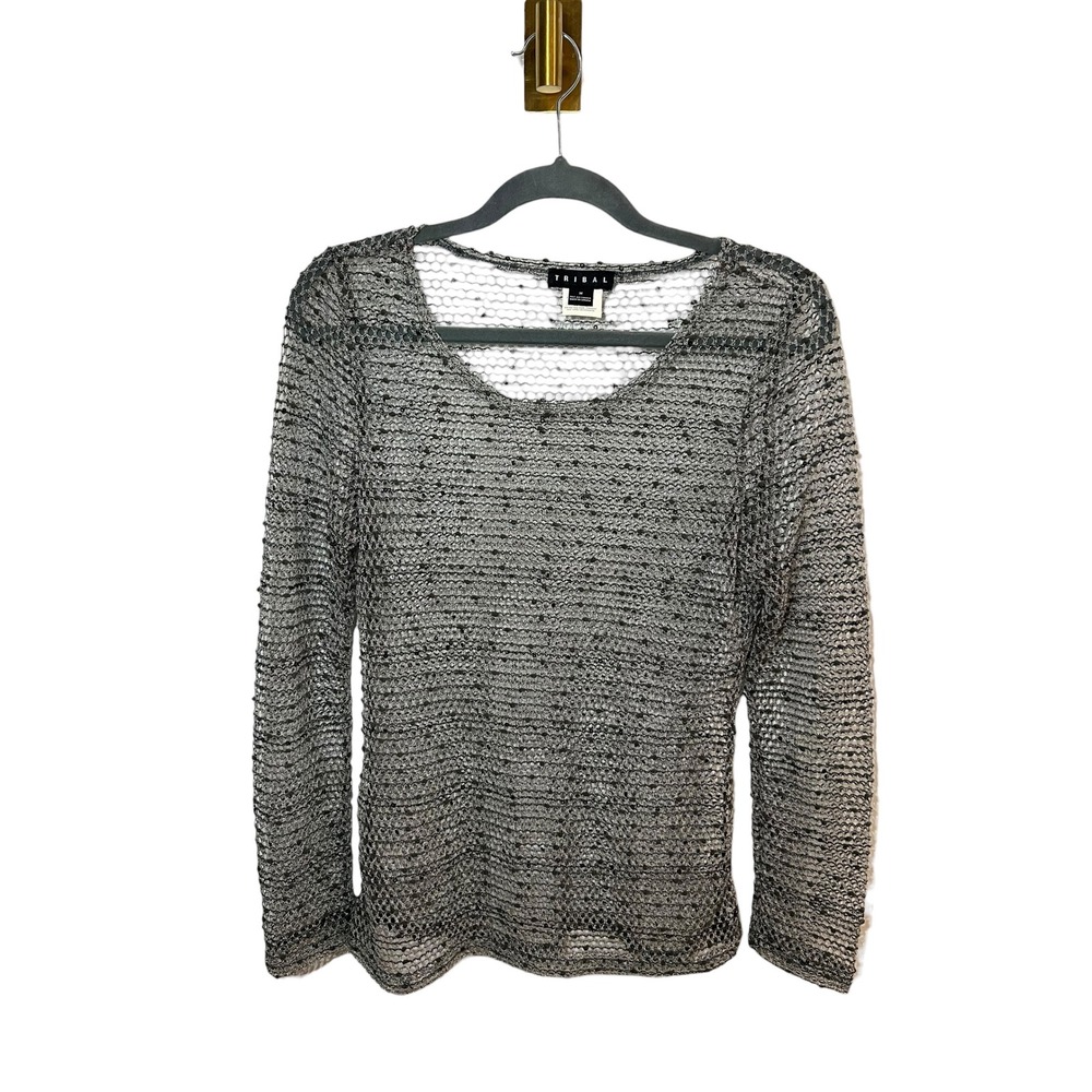 Tribal Mesh Whimsigoth Metallic Sequin Top Open Knit Layering Grunge Silver Med